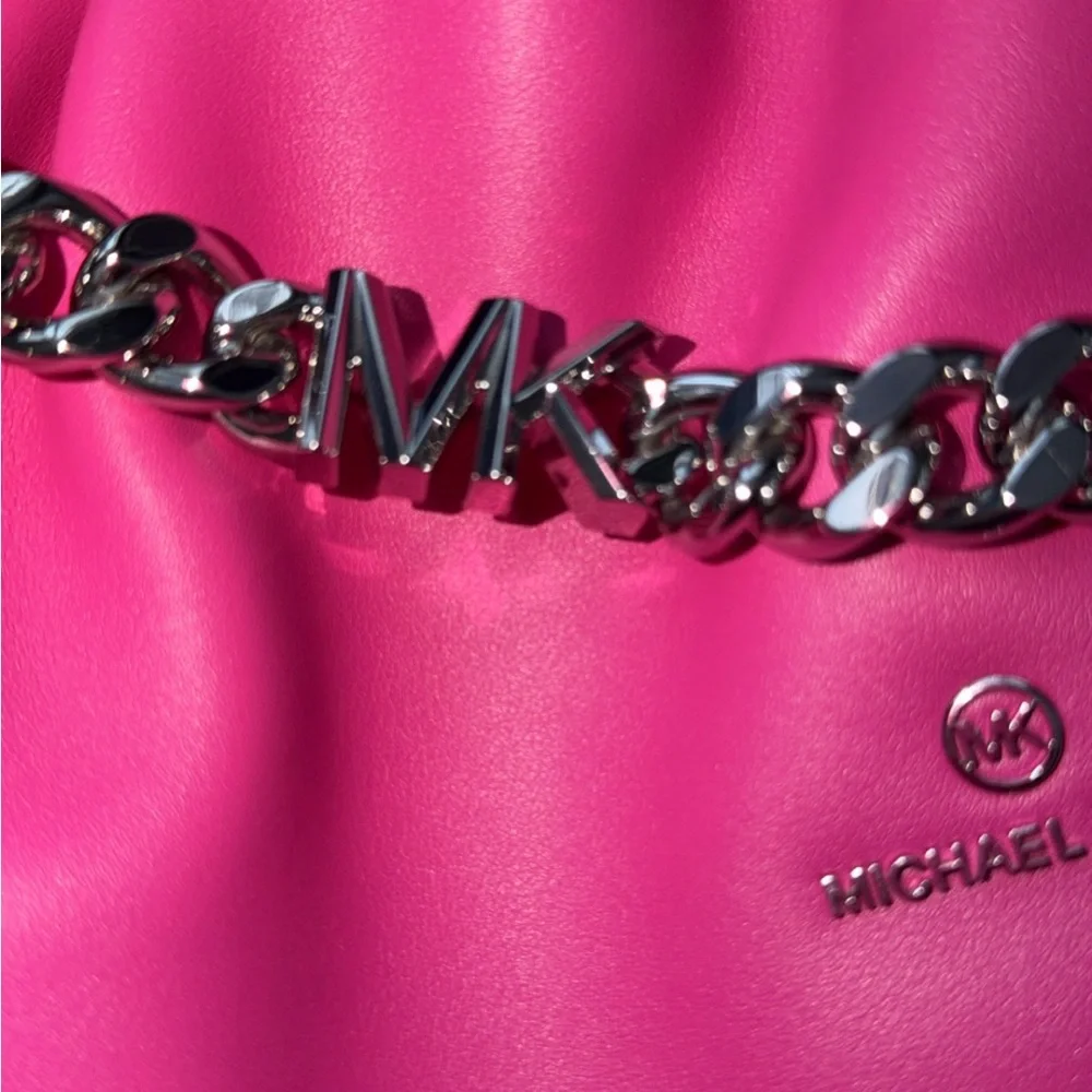 Michael Kors-Nola Small Faux Leather Crossbody Bag In Hot Pink w/Silver Chain